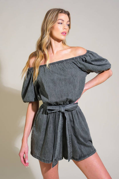 Off the Shoulder Denim Wash Romper with Front Tie | Trendy Rompers Outfit Idea for Women by Ro + Ivy | Elevated Basics, Modern Comfort & Style