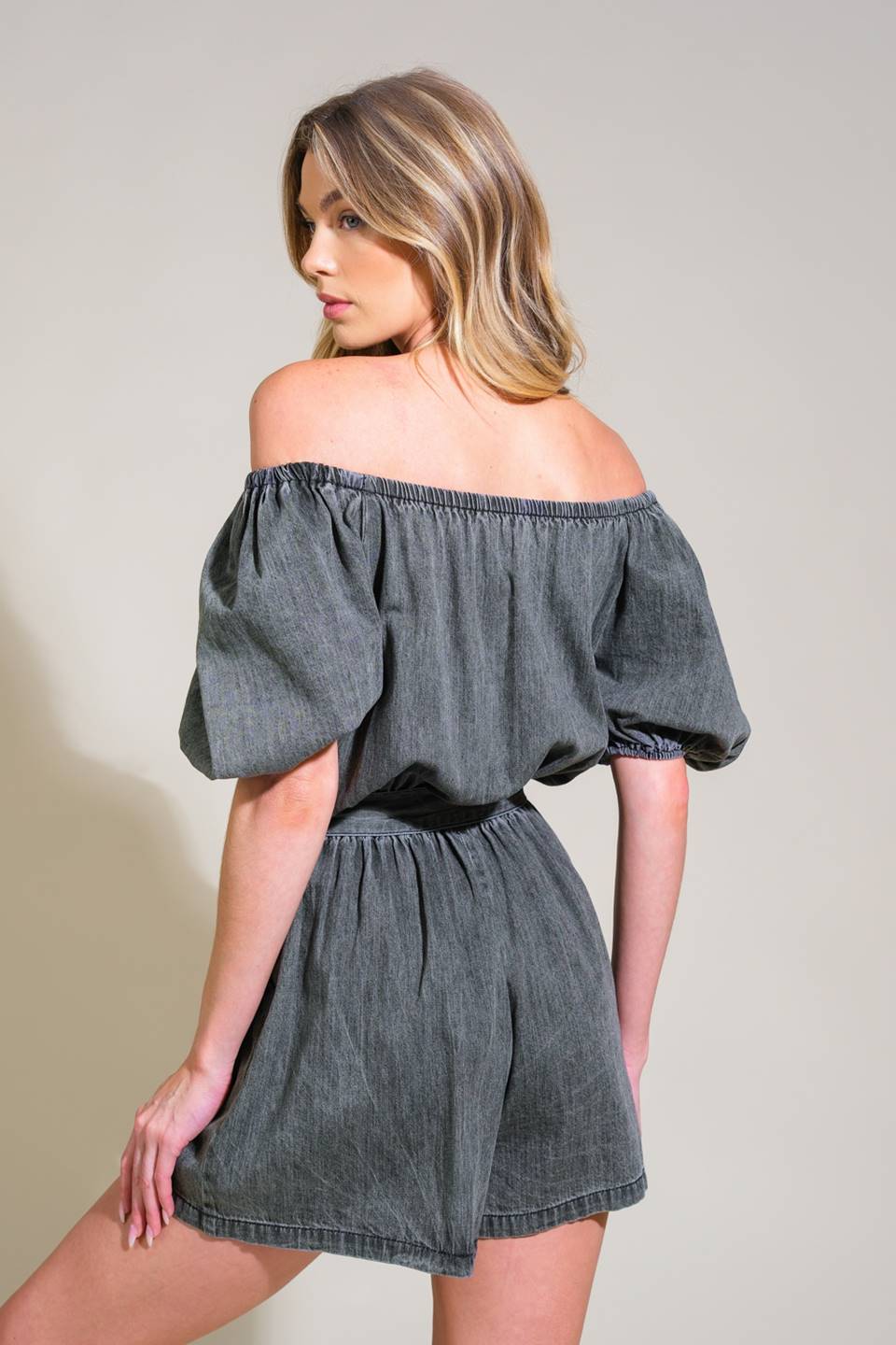 Off the Shoulder Denim Wash Romper with Front Tie | Trendy Rompers Outfit Idea for Women by Ro + Ivy | Elevated Basics, Modern Comfort & Style