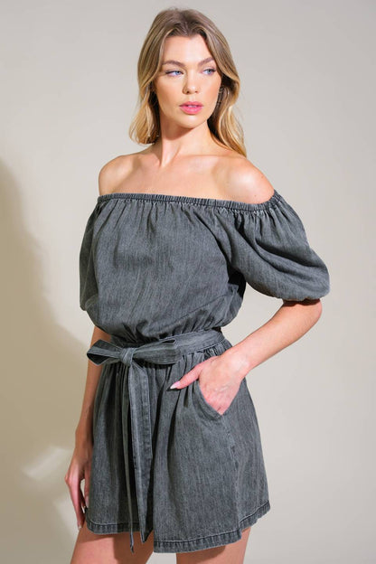 WASHED BLACK Off the Shoulder Denim Wash Romper with Front Tie | Trendy Rompers Outfit Idea for Women by Ro + Ivy | Elevated Basics, Modern Comfort & Style