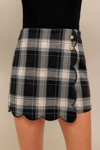 Black and White Woven Plaid Mini Skort with Tailored Fit BLACK TAUPE