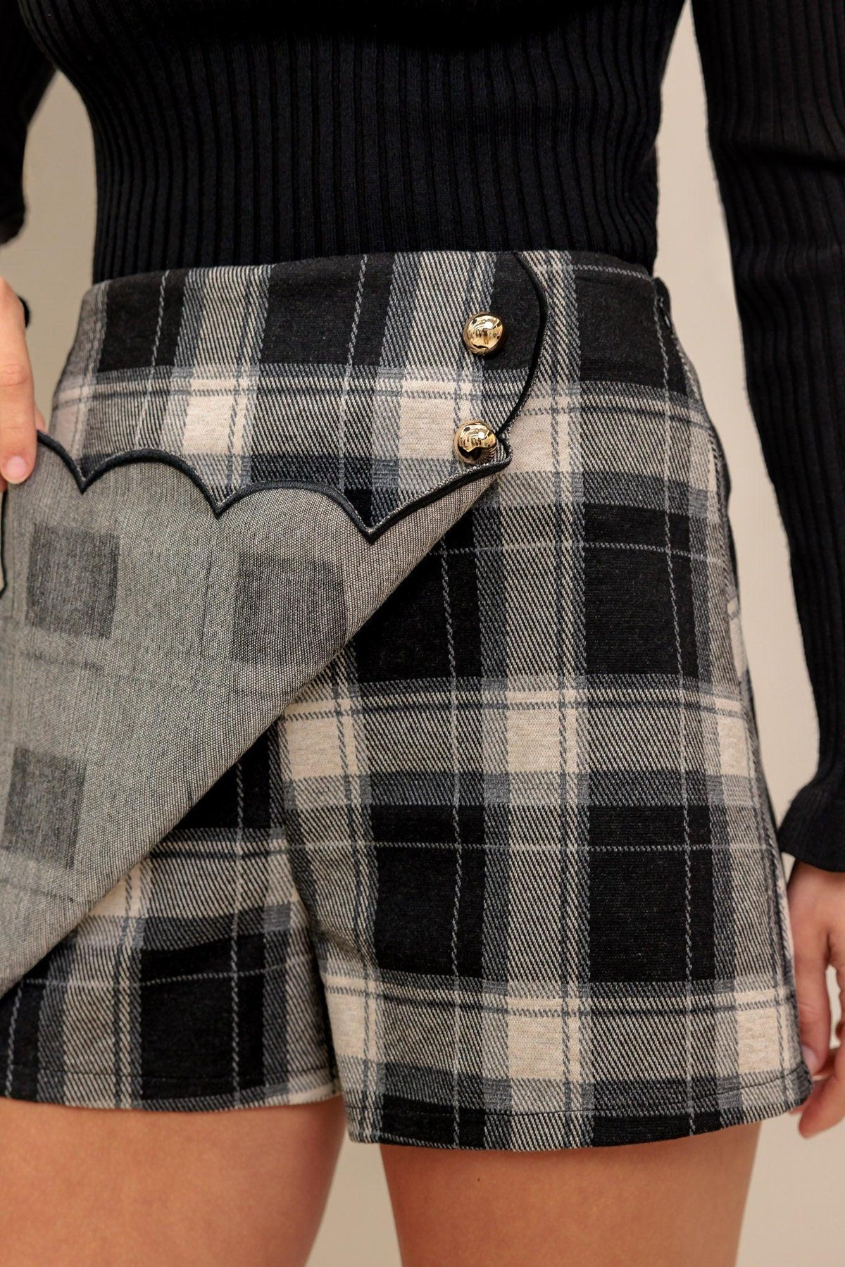 Black and White Woven Plaid Mini Skort with Tailored Fit