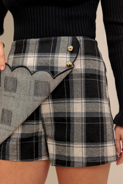 Black and White Woven Plaid Mini Skort with Tailored Fit