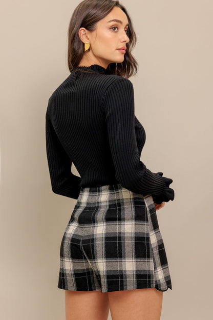 Black and White Woven Plaid Mini Skort with Tailored Fit