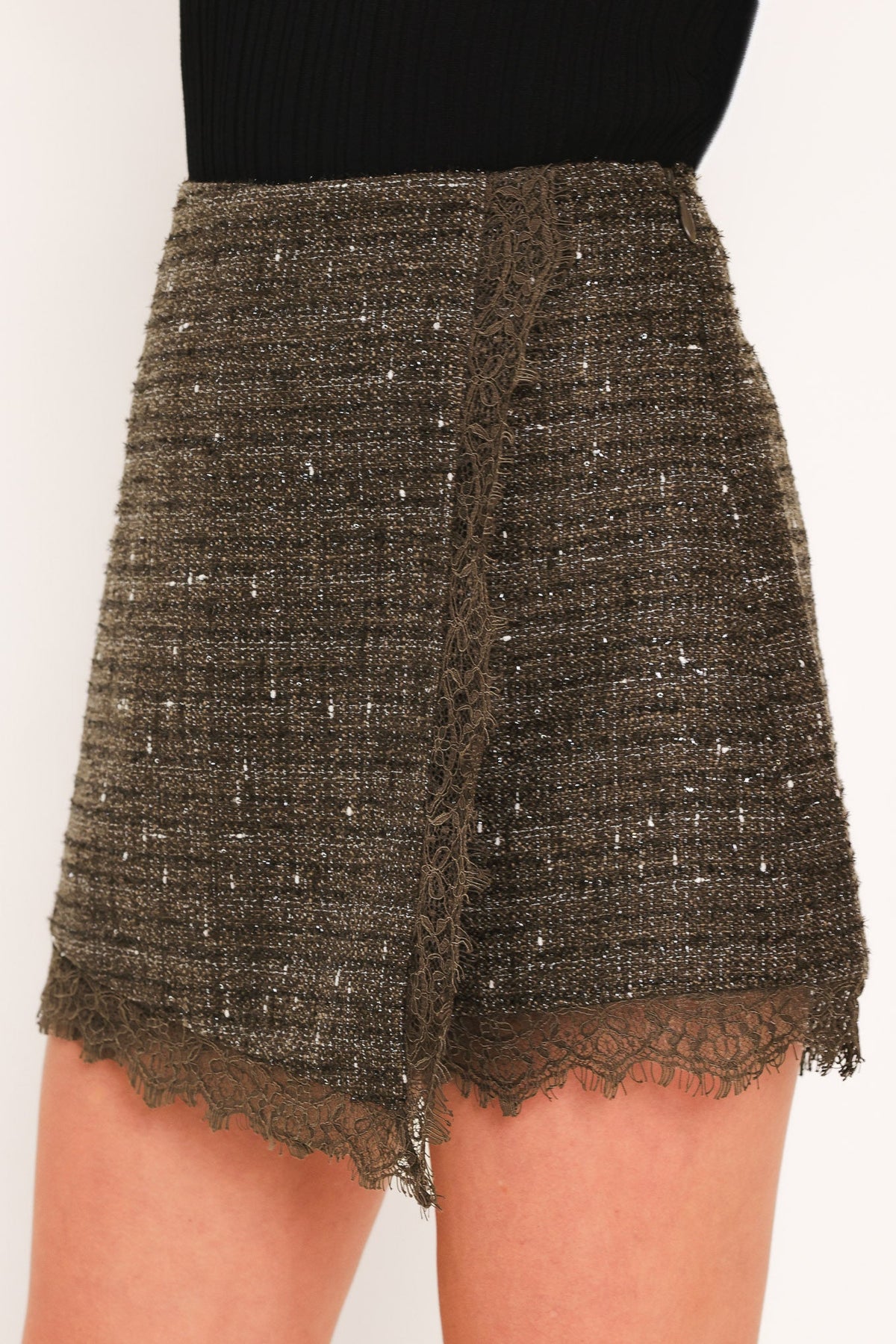 Dark Brown Woven Tweed Mini Skort with Lace Trim and Side Zipper