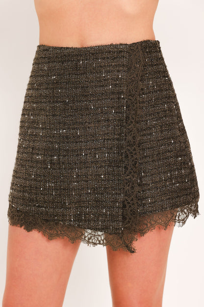 Dark Brown Woven Tweed Mini Skort with Lace Trim and Side Zipper