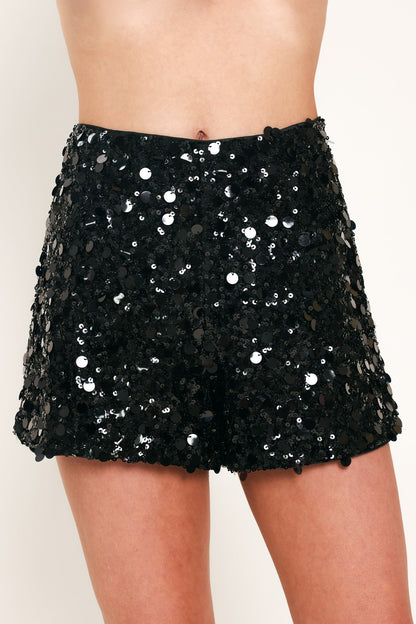 Black High-Waisted Sequin Shorts with Side Zipper