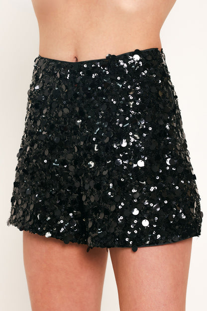 Black High-Waisted Sequin Shorts with Side Zipper BLACK