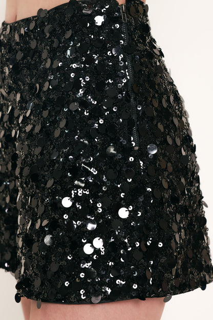 Black High-Waisted Sequin Shorts with Side Zipper