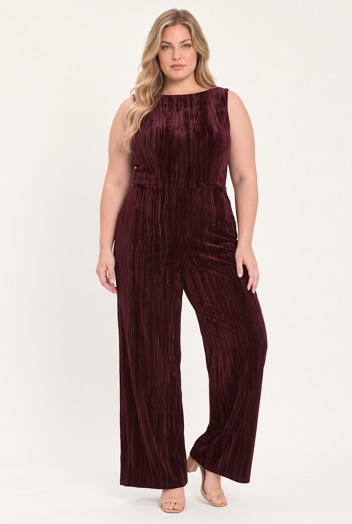 Burgundy Textured Velvet Sleeveless Wide-Leg Jumpsuit BURGUNDY