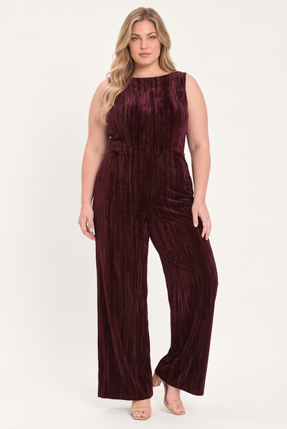 Burgundy Textured Velvet Sleeveless Wide-Leg Jumpsuit BURGUNDY