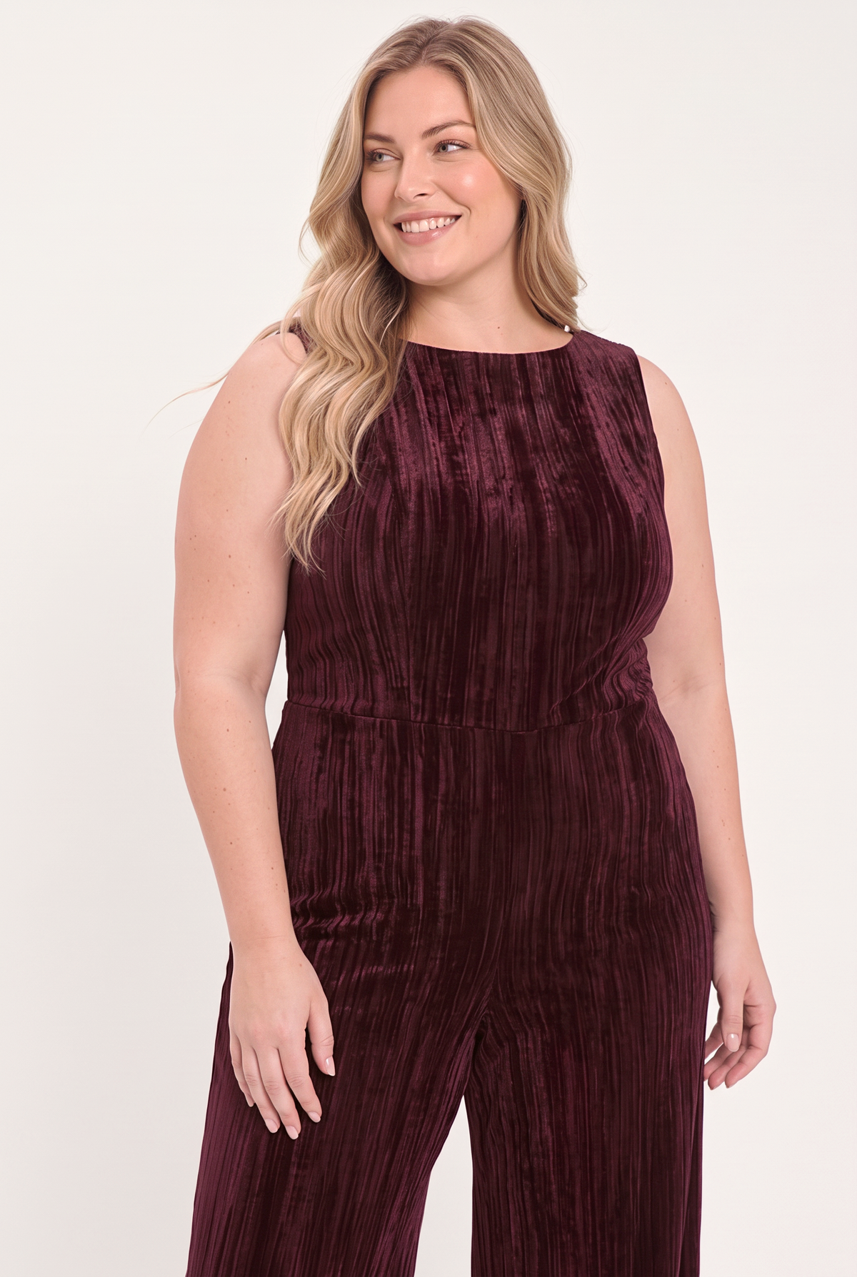 Burgundy Textured Velvet Sleeveless Wide-Leg Jumpsuit