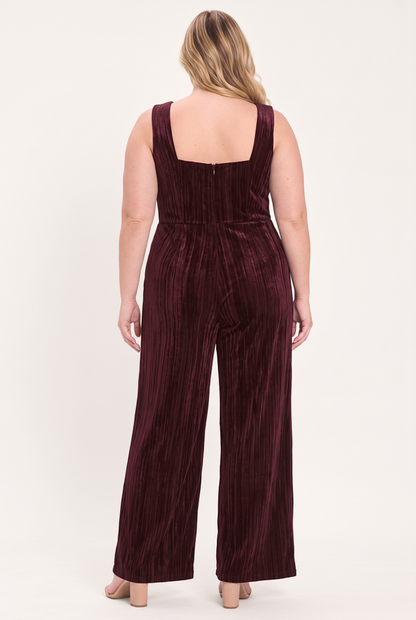 Burgundy Textured Velvet Sleeveless Wide-Leg Jumpsuit
