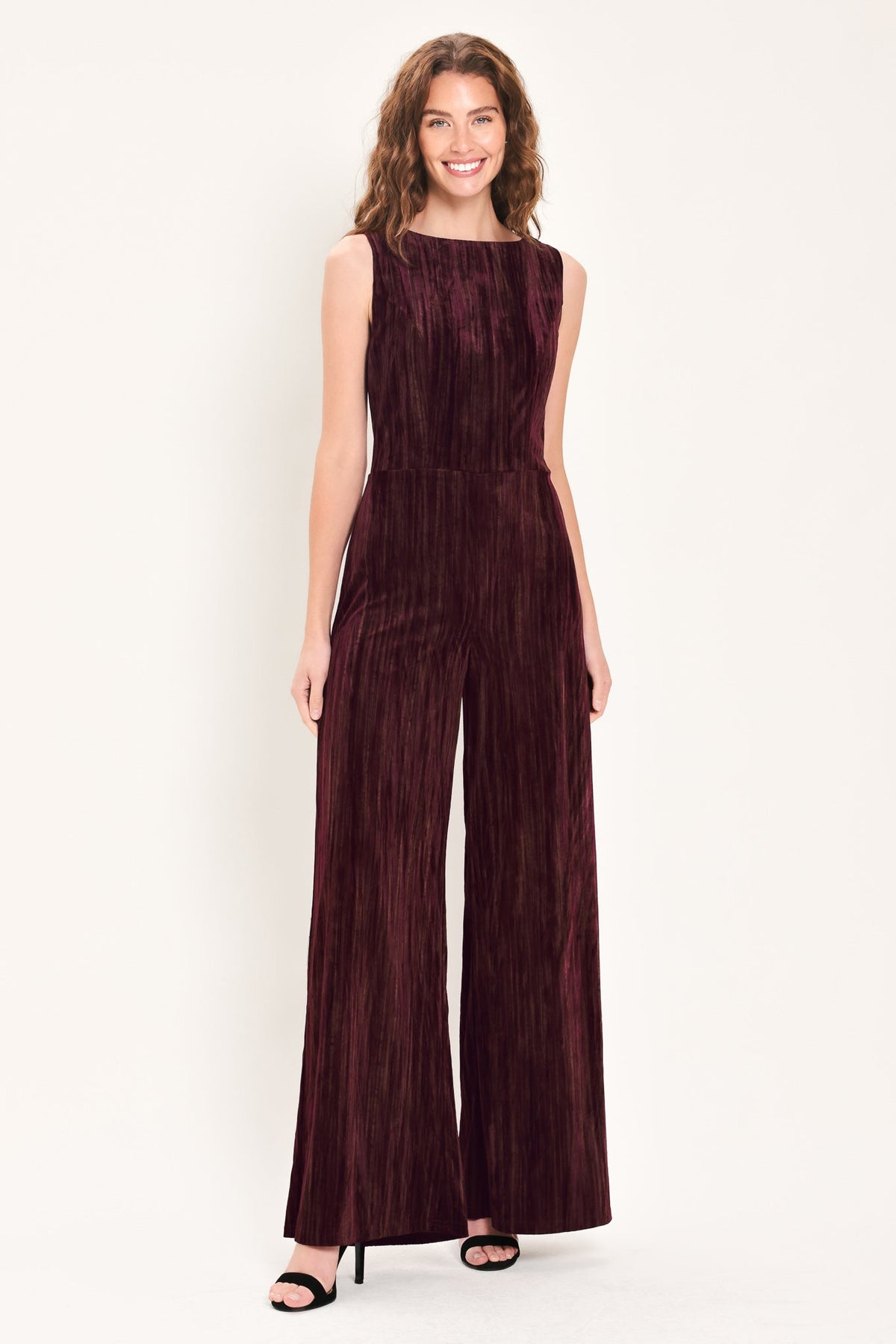 Burgundy Textured Velvet Sleeveless Wide-Leg Jumpsuit