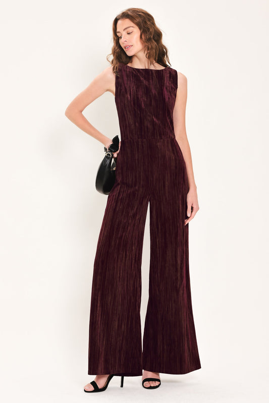 Burgundy Textured Velvet Sleeveless Wide-Leg Jumpsuit BURGUNDY