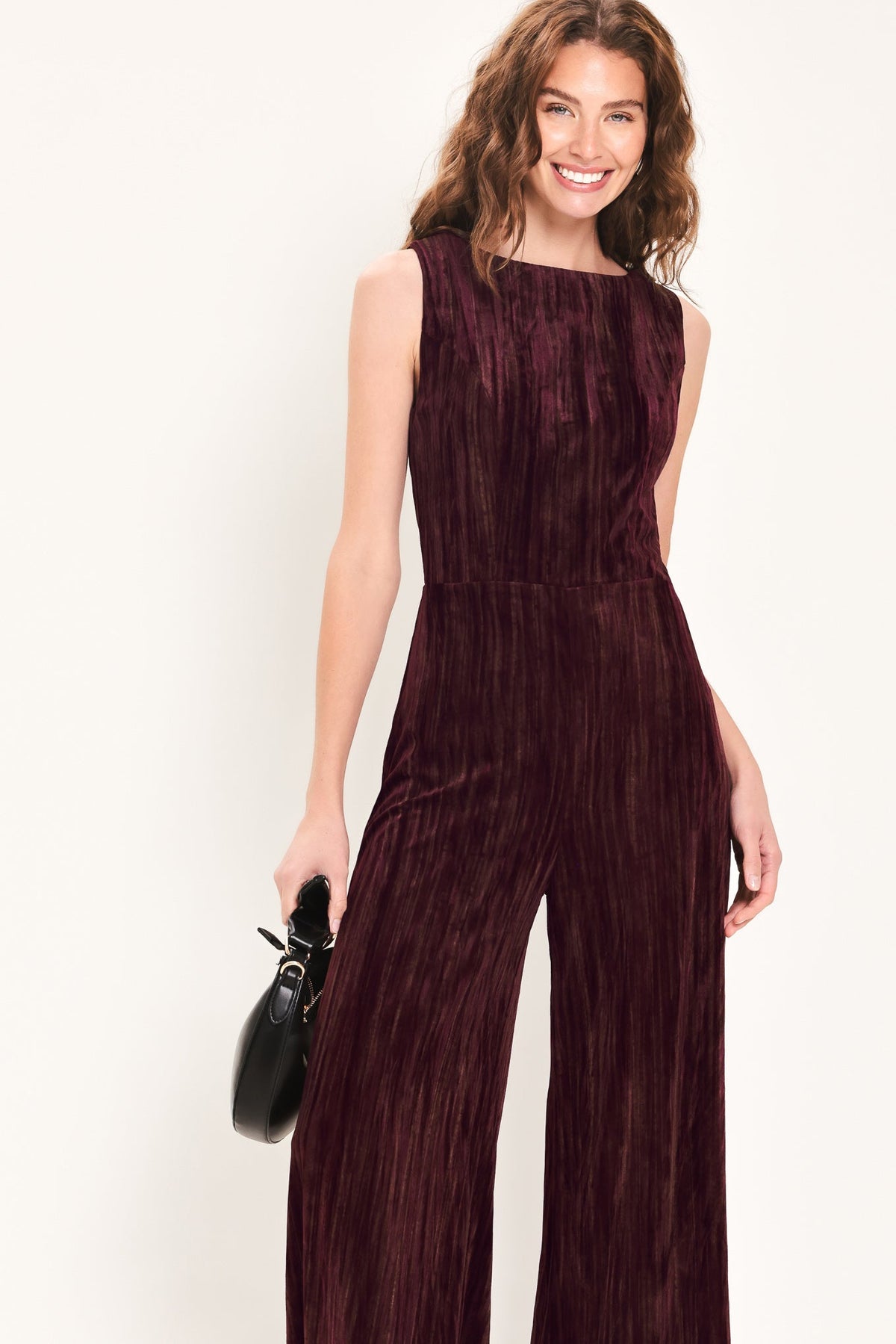 Burgundy Textured Velvet Sleeveless Wide-Leg Jumpsuit