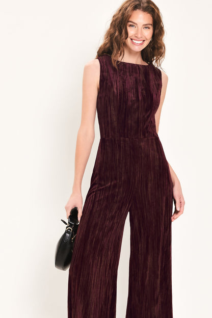 Burgundy Textured Velvet Sleeveless Wide-Leg Jumpsuit
