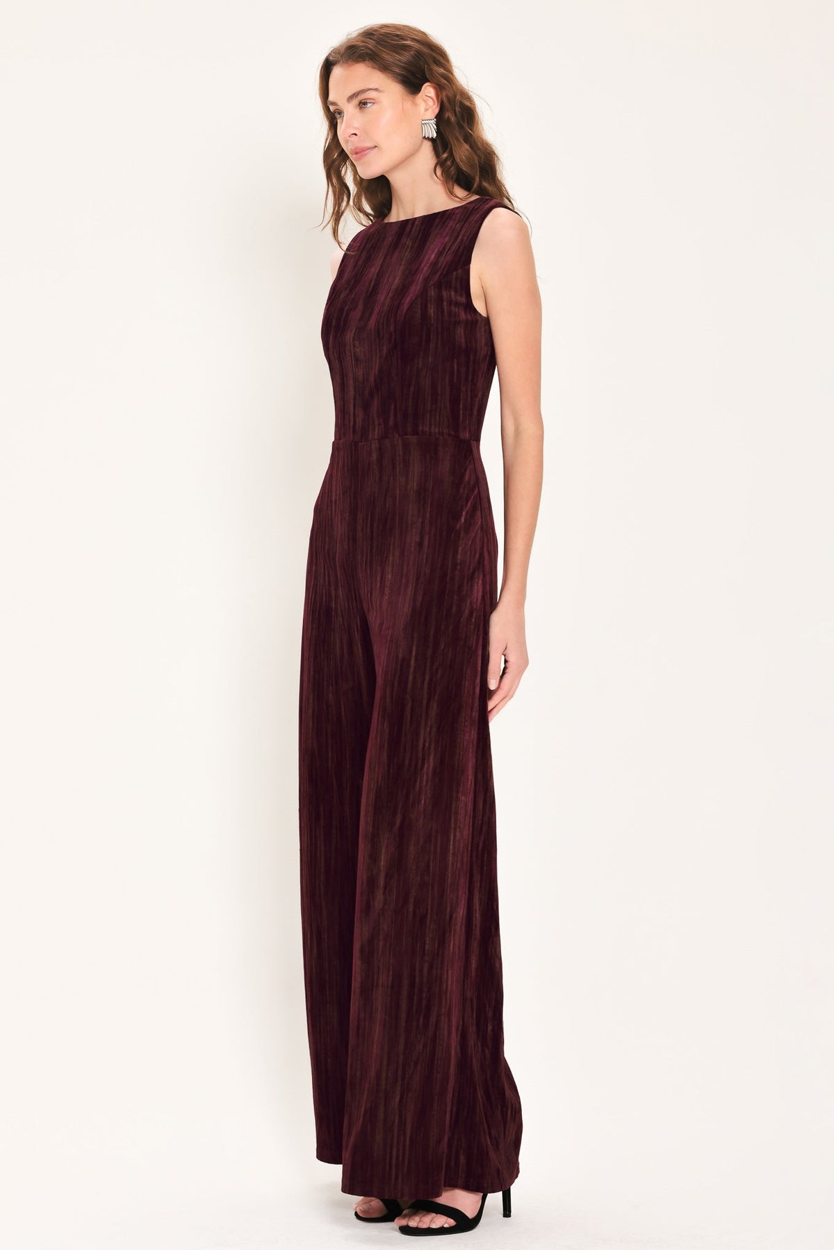 Burgundy Textured Velvet Sleeveless Wide-Leg Jumpsuit
