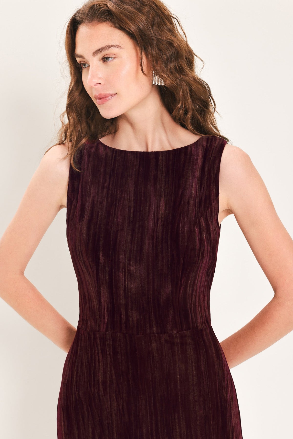 Burgundy Textured Velvet Sleeveless Wide-Leg Jumpsuit