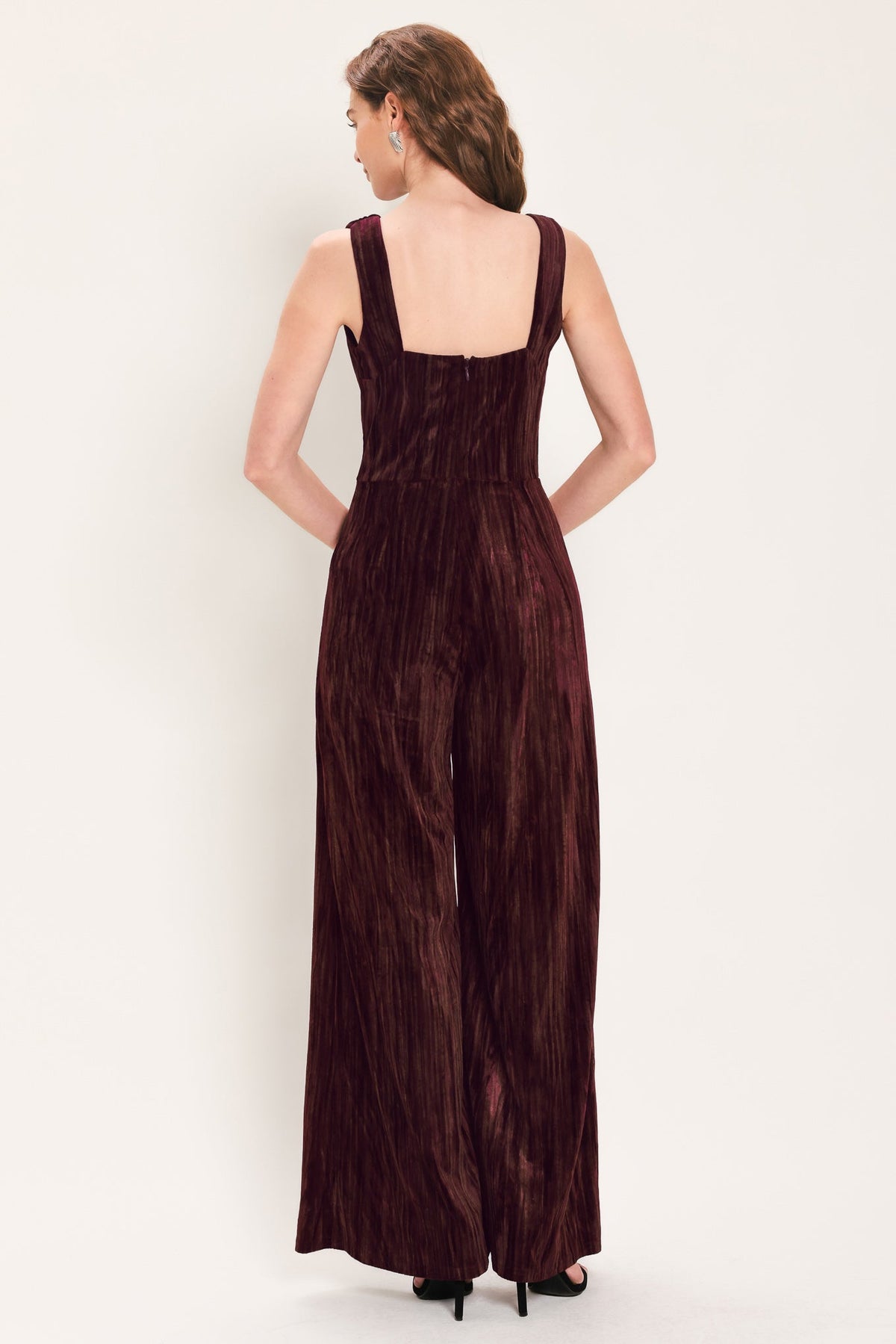 Burgundy Textured Velvet Sleeveless Wide-Leg Jumpsuit