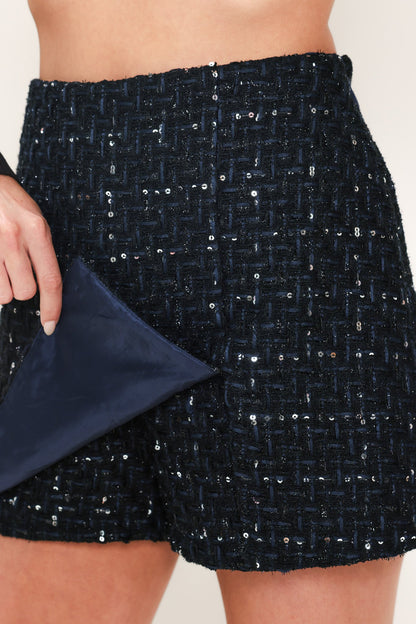 Navy Sequin Tweed High-Waisted Mini Skort with Side Zipper