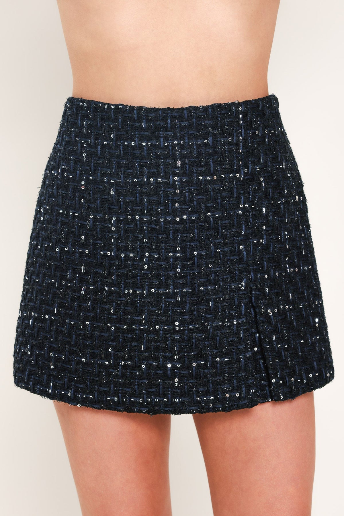 Navy Sequin Tweed High-Waisted Mini Skort with Side Zipper NAVY