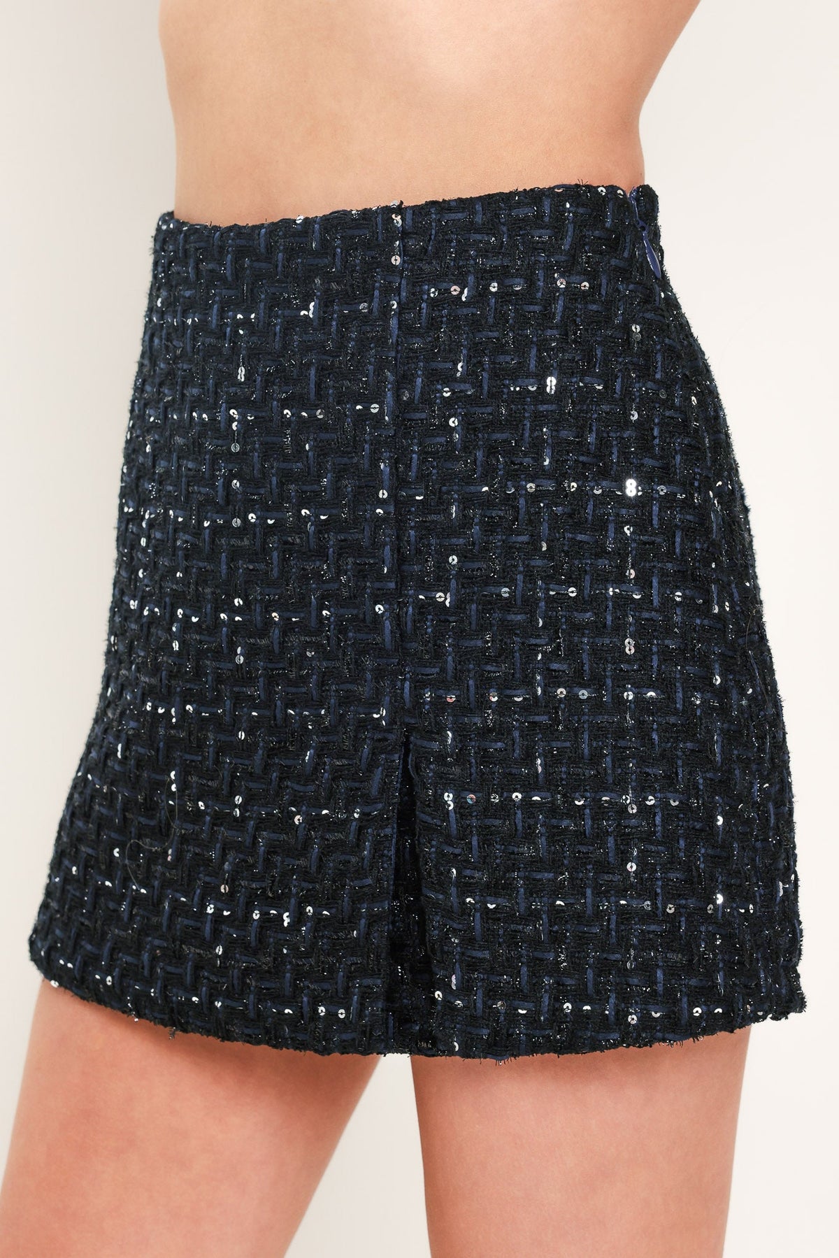 Navy Sequin Tweed High-Waisted Mini Skort with Side Zipper