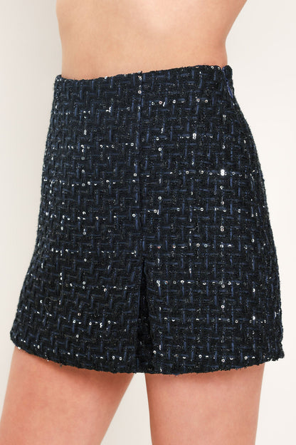 Navy Sequin Tweed High-Waisted Mini Skort with Side Zipper