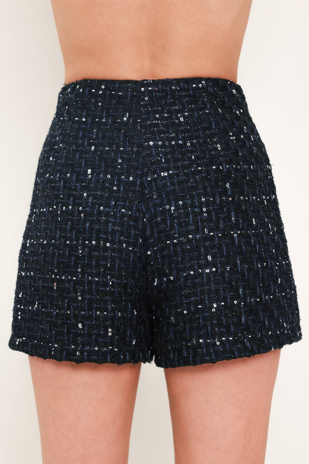 Navy Sequin Tweed High-Waisted Mini Skort with Side Zipper