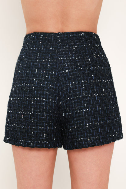Navy Sequin Tweed High-Waisted Mini Skort with Side Zipper