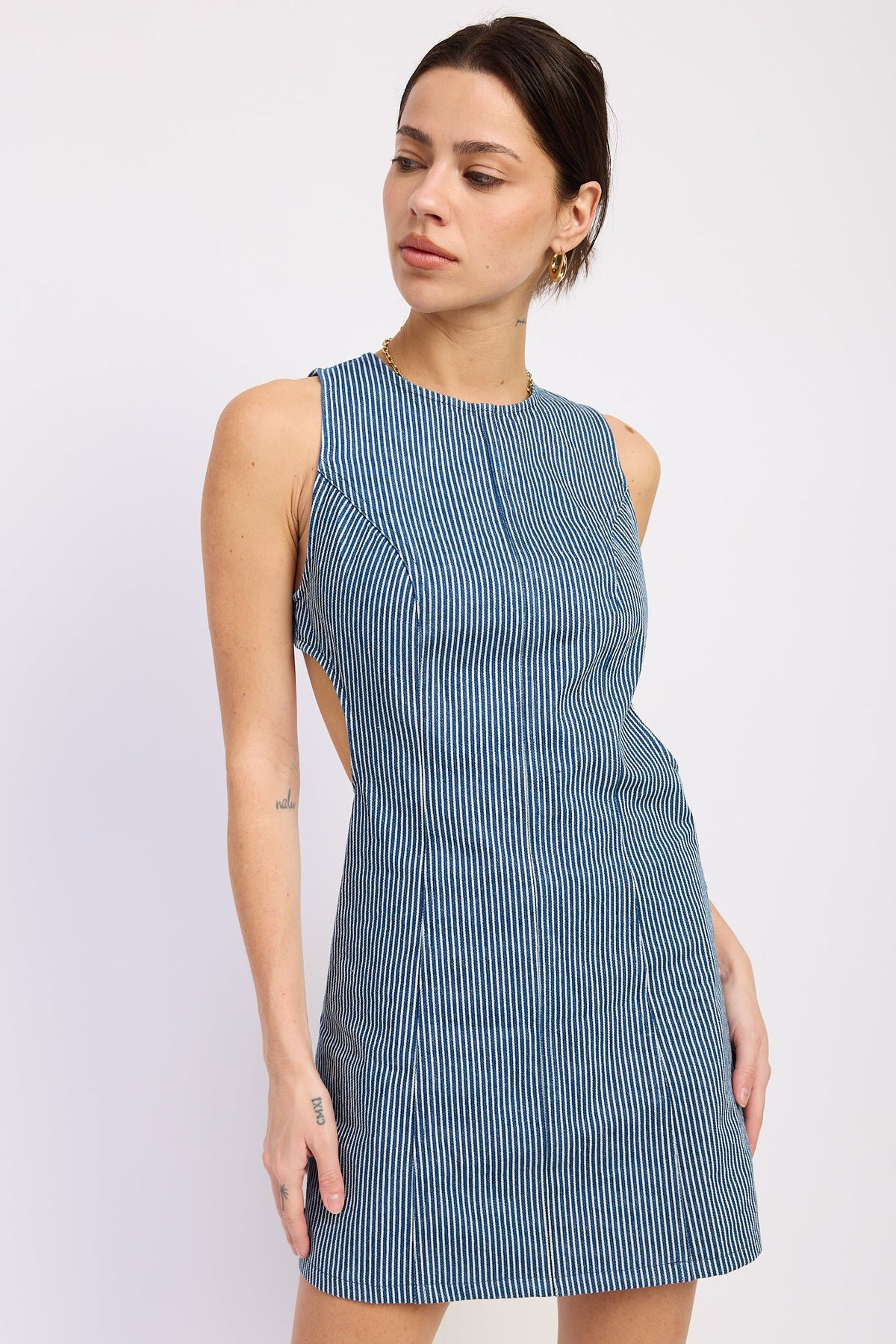 Sleeveless Denim Mini Dress with Back Cutout and Shift Bodycon Fit Blue Denim