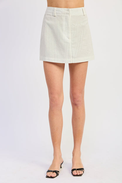 Raina Pinstripe Linen Mini Skirt — Viscose Linen Blend Lightweight Chic Style - Off White Black Stripe Skirts