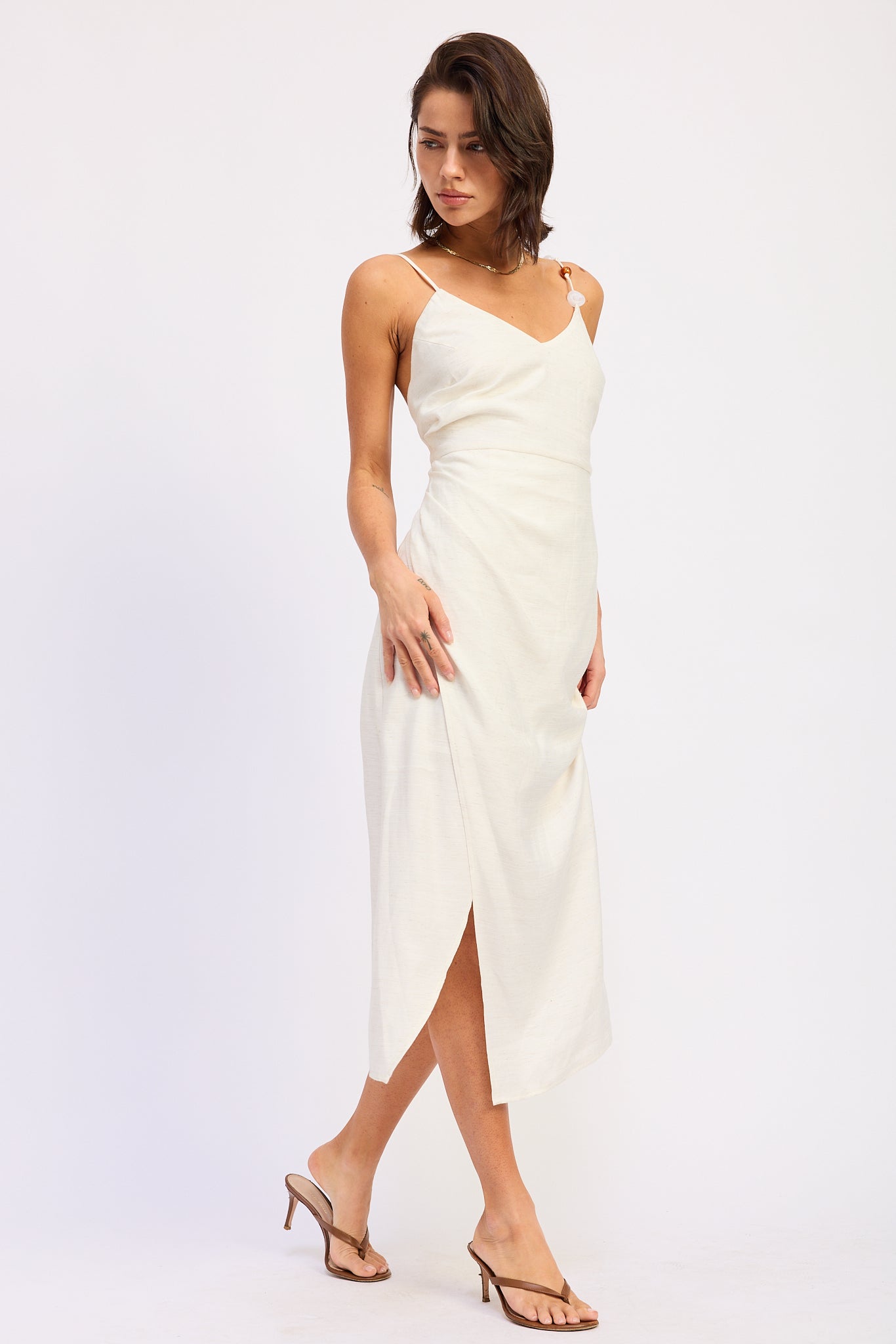Asymmetrical Pleated Tulip Hem Midi Dress — Rayon Linen Blend Elegant Silhouette - Midi Dresses