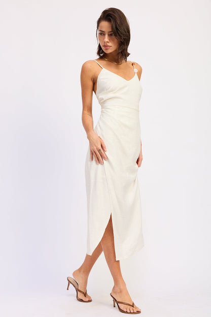 Asymmetrical Pleated Tulip Hem Midi Dress — Rayon Linen Blend Elegant Silhouette - Midi Dresses