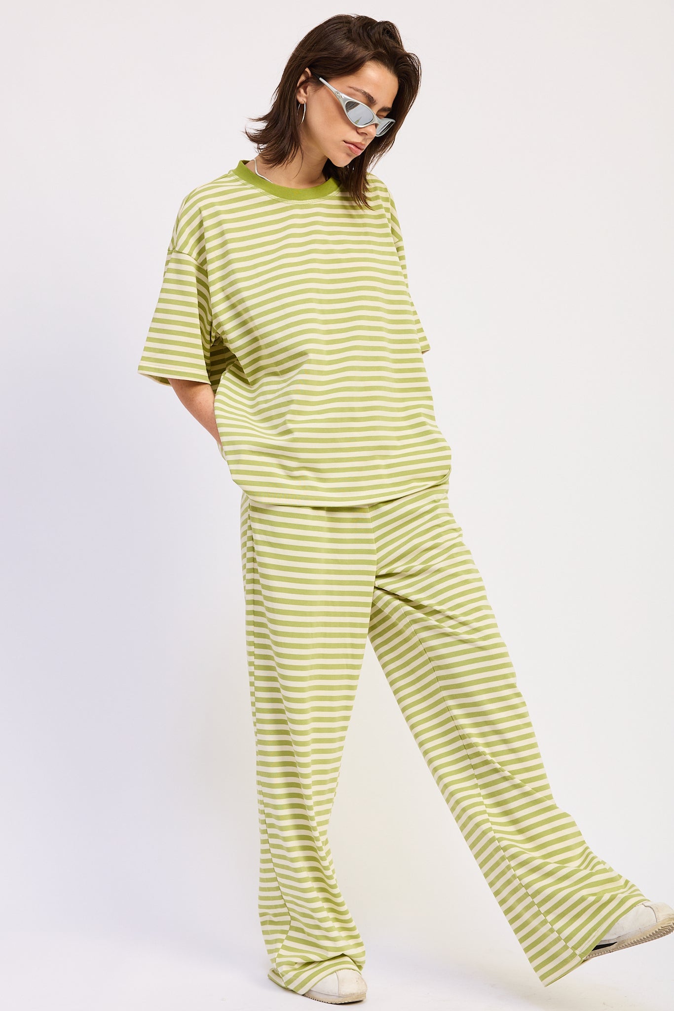 Striped Elastic Waistband Wide Leg Pants — Cotton Blend Style - Loungewear Pants