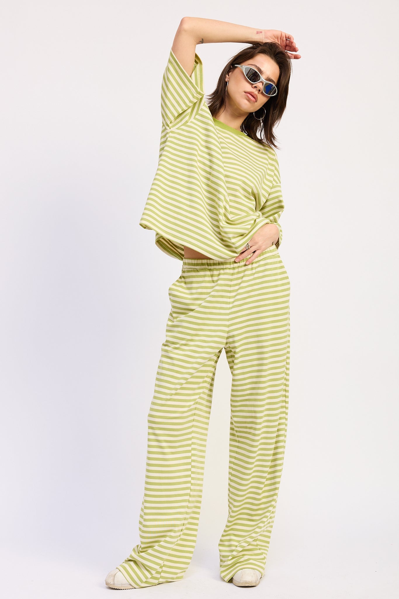 Striped Elastic Waistband Wide Leg Pants — Cotton Blend Style - Avocado Ivory Stripe Loungewear Pants