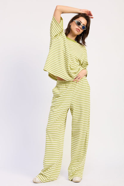Striped Elastic Waistband Wide Leg Pants — Cotton Blend Style - Avocado Ivory Stripe Loungewear Pants