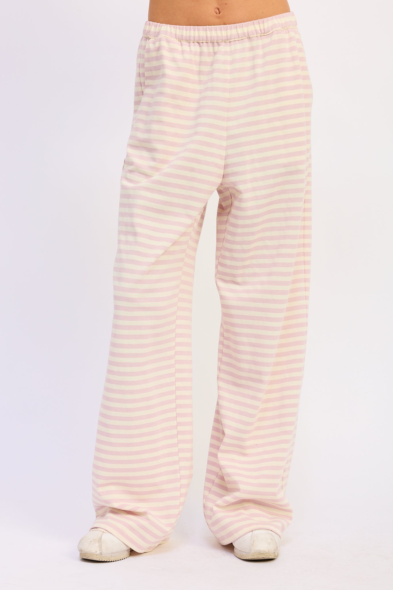 Striped Elastic Waistband Wide Leg Pants — Cotton Blend Style - Pink Ivory Stripe Loungewear Pants
