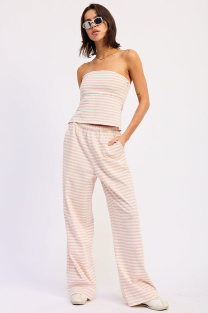 Striped Elastic Waistband Wide Leg Pants — Cotton Blend Style - Loungewear Pants