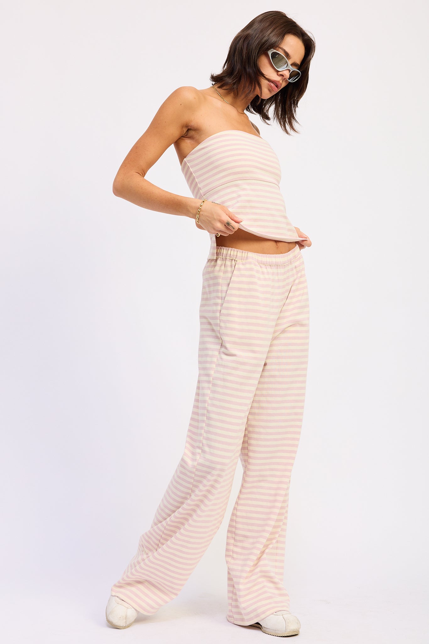 Striped Elastic Waistband Wide Leg Pants — Cotton Blend Style - Loungewear Pants