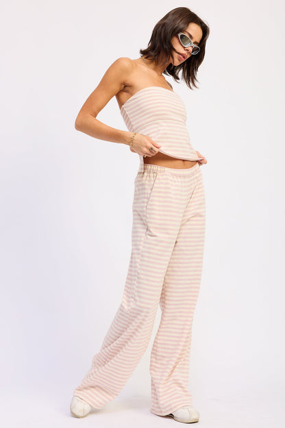 Striped Elastic Waistband Wide Leg Pants — Cotton Blend Style - Loungewear Pants