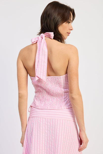 Stripe Lace Back-Up Halter Top — Coordinating Elevated Everyday Style