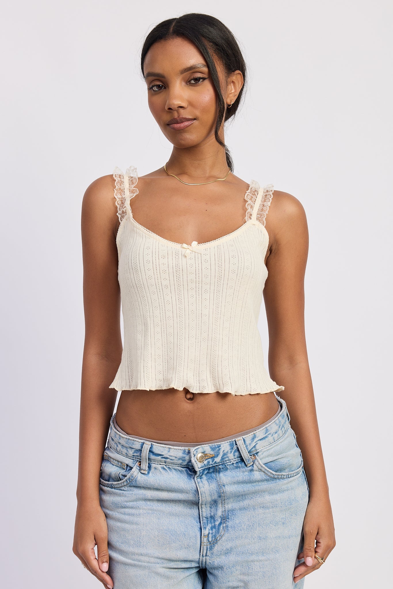Lace Detail Pointelle Tank Top — 100% Cotton Nylon Trim Feminine Style - Tops