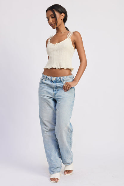 Lace Detail Pointelle Tank Top — 100% Cotton Nylon Trim Feminine Style - Ivory Tops