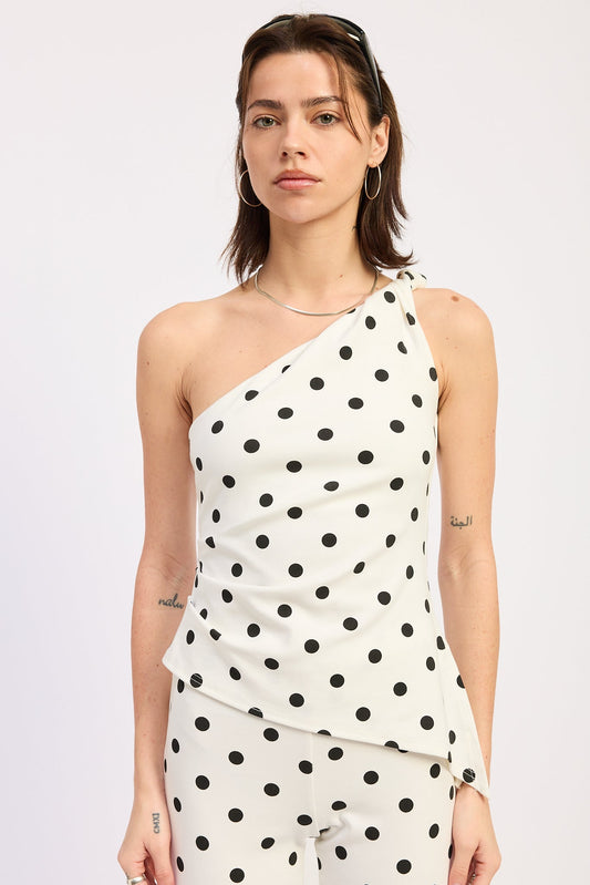 One Shoulder Asymmetrical Top — Rayon Spandex Blend Polka Dot Chic Style - Tops