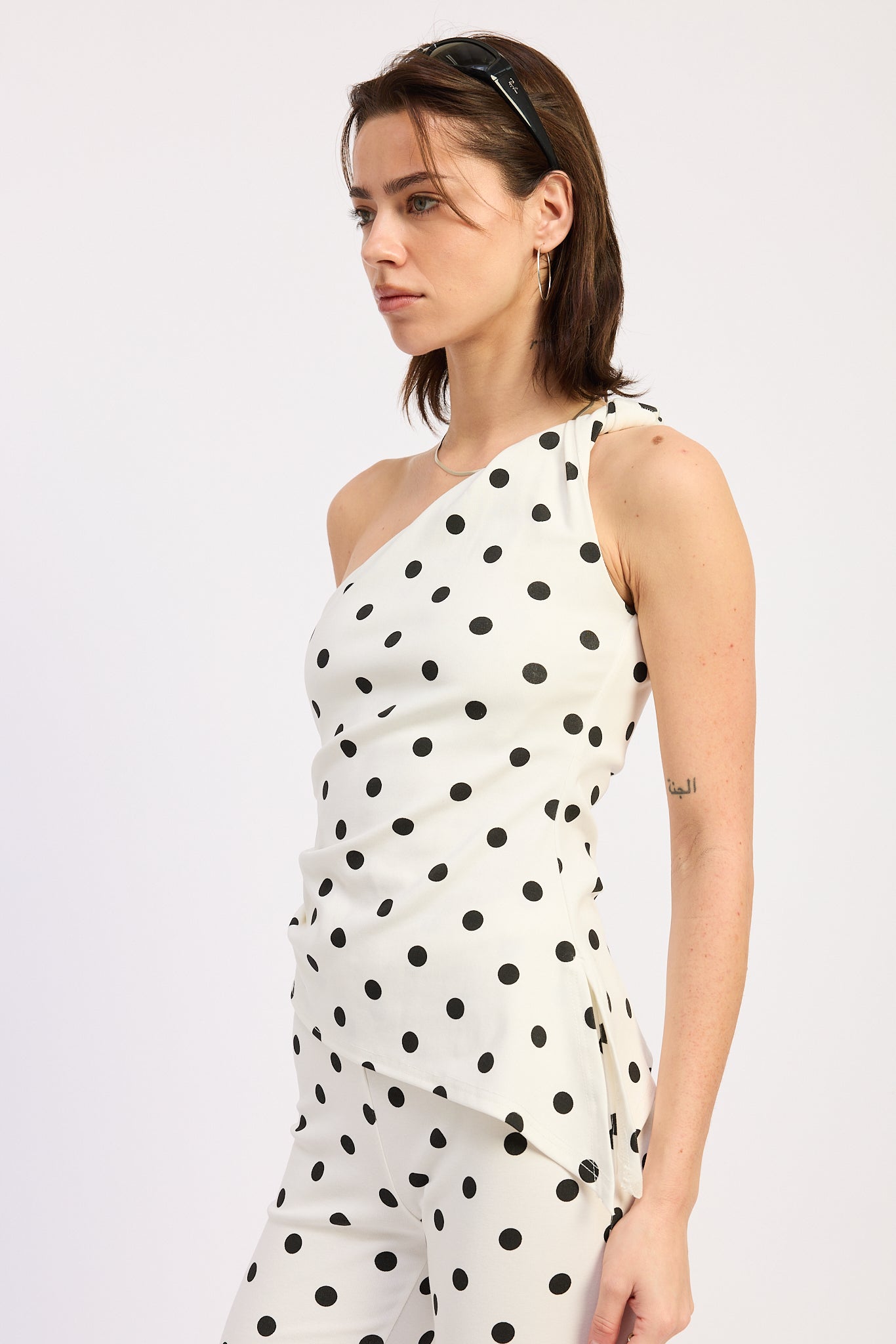 One Shoulder Asymmetrical Top — Rayon Spandex Blend Polka Dot Chic Style - Tops