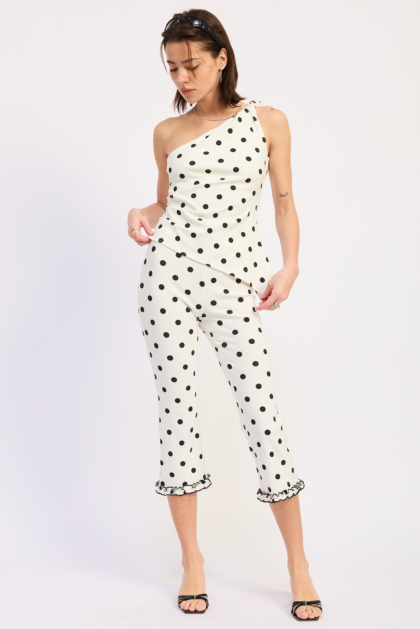 One Shoulder Asymmetrical Top — Rayon Spandex Blend Polka Dot Chic Style - Ivory Black Polka Dot Tops