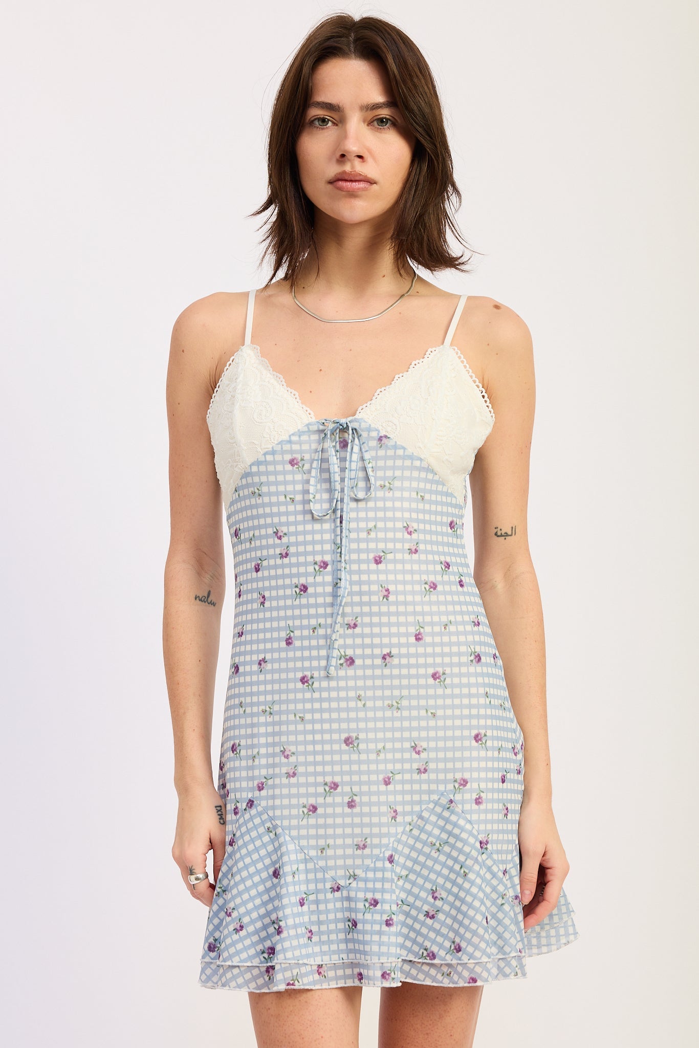 Contrast Lace Detail Slip Mini Dress — Lined Feminine Elegant Everyday Style