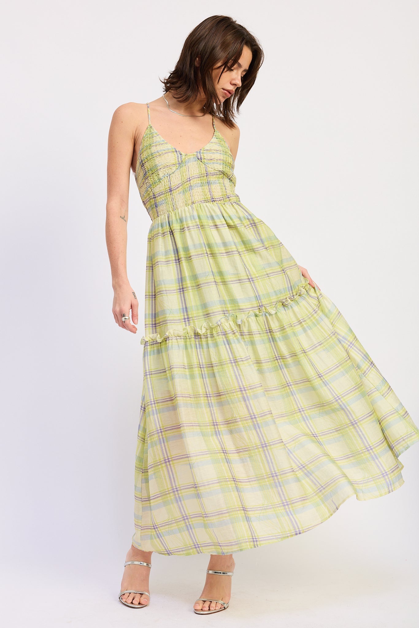 Smocked Spaghetti Strap Maxi Dress — Lyocell Nylon Linen Blend Flowing Style - Lime Maxi Dresses