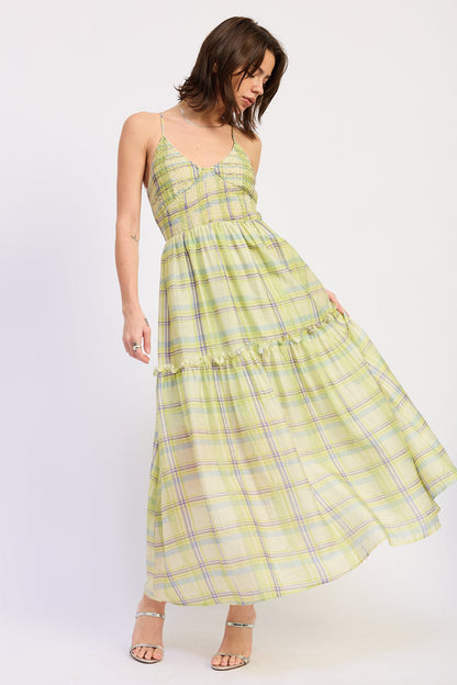 Smocked Spaghetti Strap Maxi Dress — Lyocell Nylon Linen Blend Flowing Style - Lime Maxi Dresses