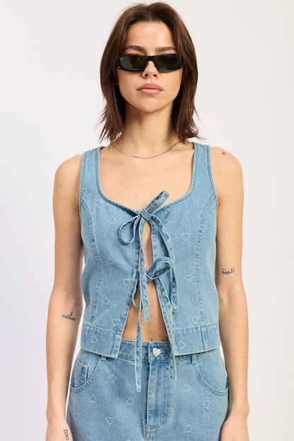 Sleeveless Denim Front Tie Top — Cotton Viscose Blend Matching Set Style - Tops